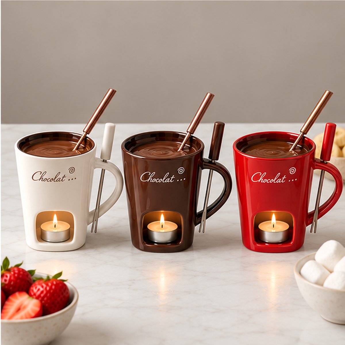 Cozy Cup fondue mugs in white, brown, and red with melted chocolate and lit tealights