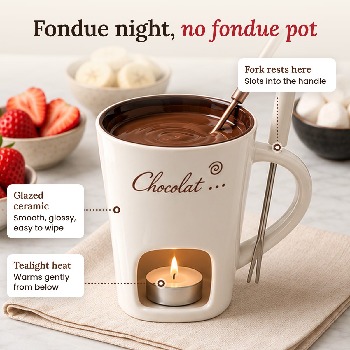 White Cozy Cup with callouts for the tealight opening, glazed ceramic, and fork holder